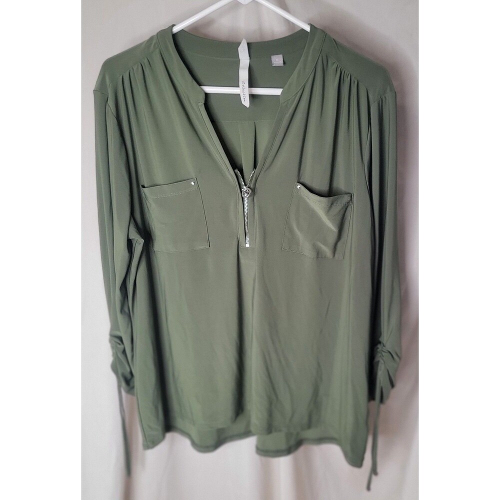 Womens Olive Green Zip Neck Utility Blouse XL Roll Tab Sleeve Stretch Career Top